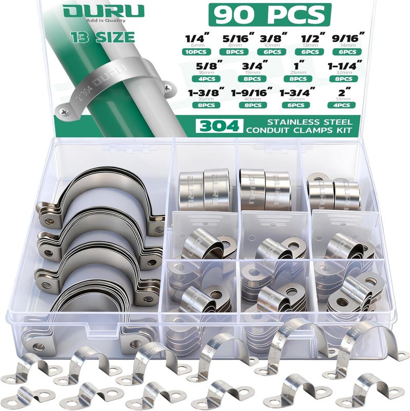 ORU 90pcs Conduit Clamp Assortment Kit 304 Stainless Steel, 16 Sizes (1/4"-4") Rigid Metal Pipe Clamp U Bracket, 2 Holes Pipe Strap for Automotive, Wire & Tube - Image 1